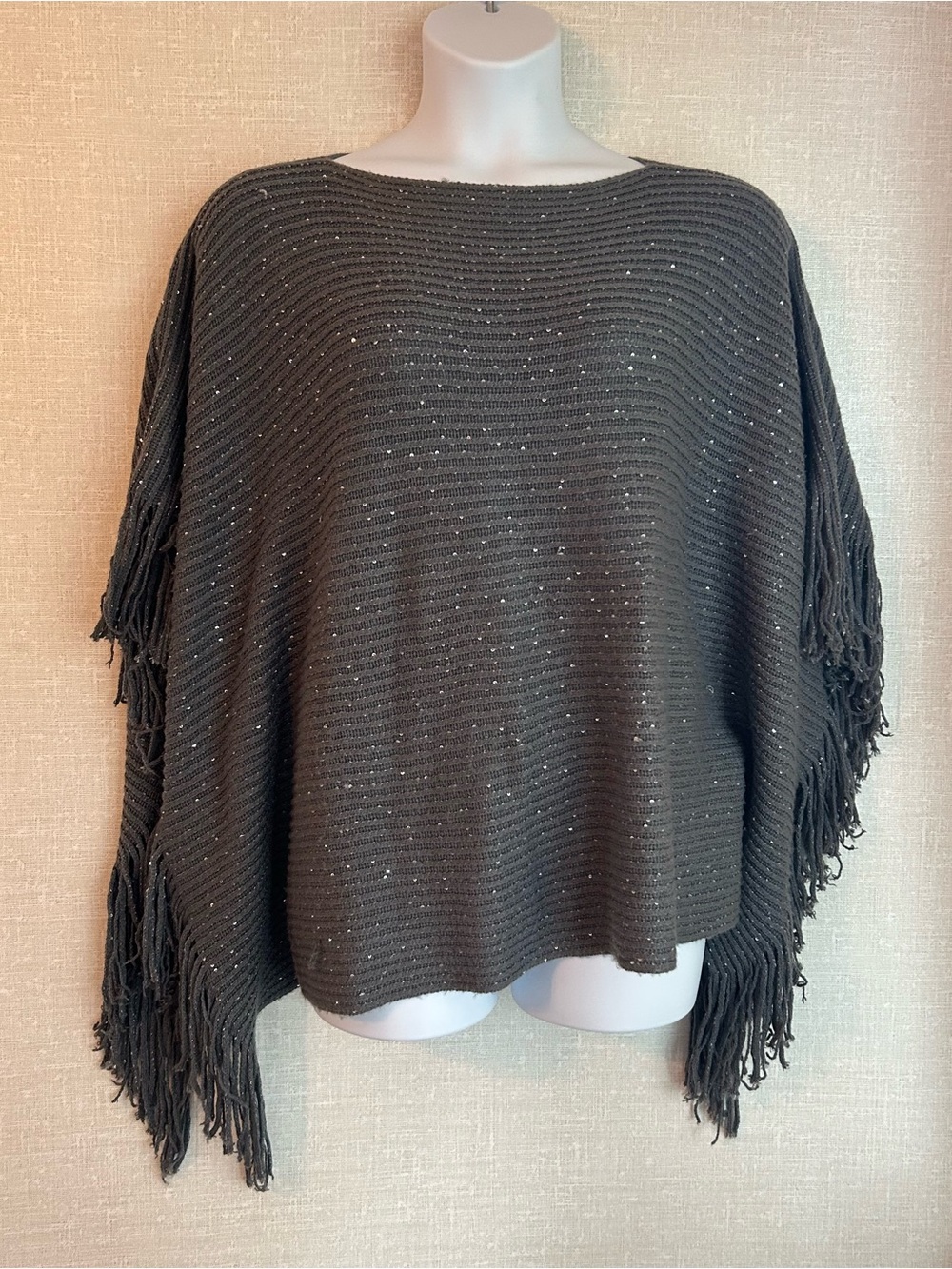 Chicos Charcoal Fringe Sparkle Women's Sweater Poncho